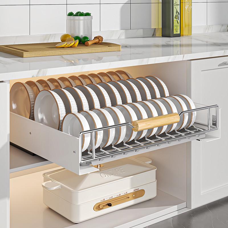 不锈钢抽拉碗碟架厨房收纳放碗筷置物架橱柜带轨道免打孔沥水架