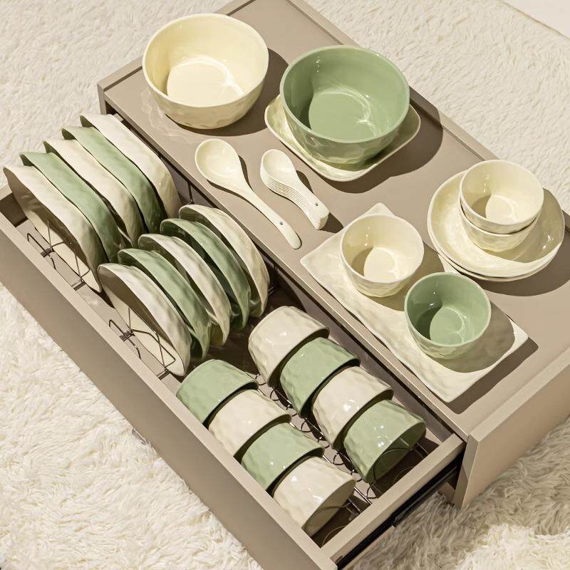 奶油风碗碟套裝家用陶瓷餐具釉下彩碗筷盘子碗全套组合碗具高颜值