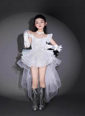 女童公主风t台女团秀服白色彭彭纱带拖尾爱豆洛丽塔花嫁生日洋气