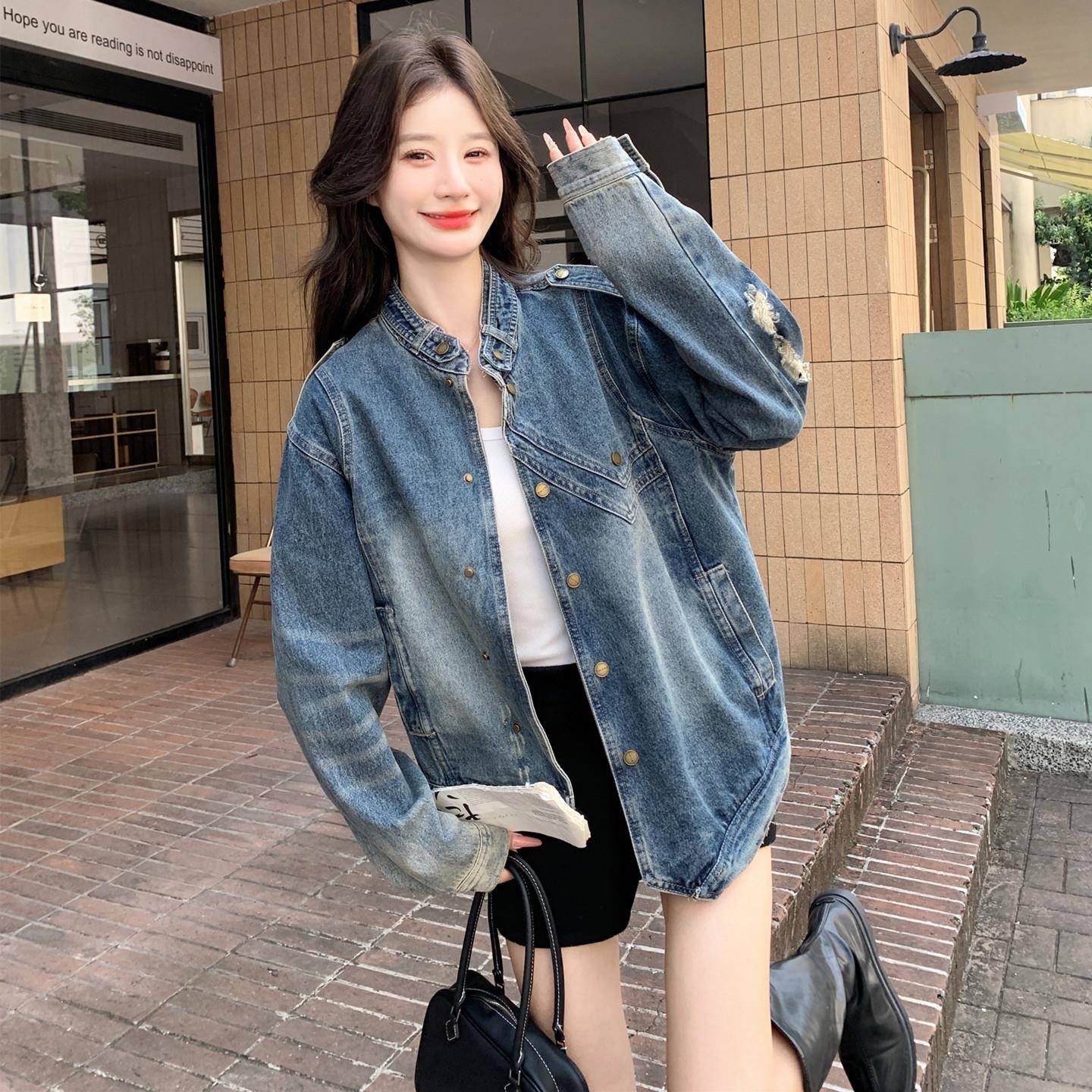 极速韩版水洗做旧复古破洞牛仔夹克女秋新款小个子甜酷风美式显瘦