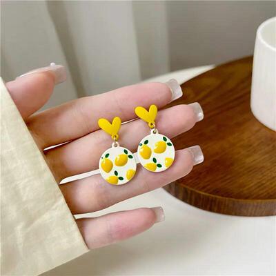 Fresh Summer Yellow Lemon Earrings Design Peach Heart Love S