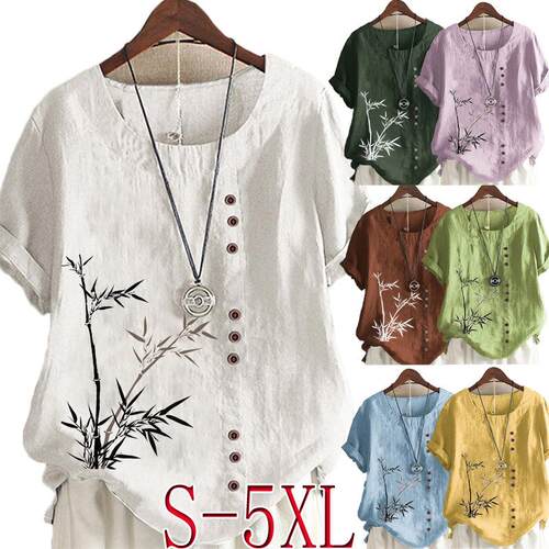 Bamboo leaf printed cotton and linen short sleeved