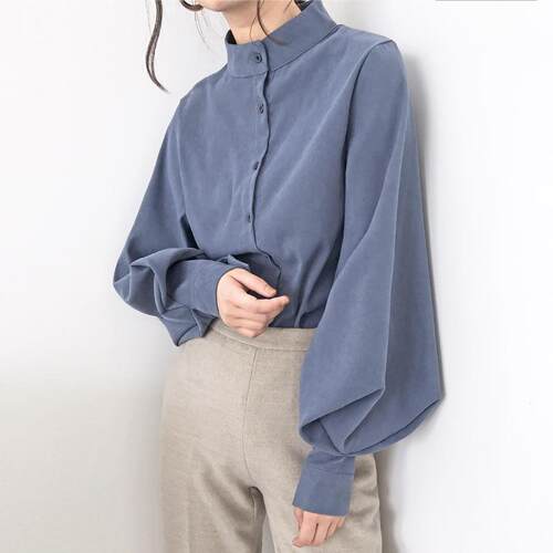 Stand up collar single lantern sleeve shirt