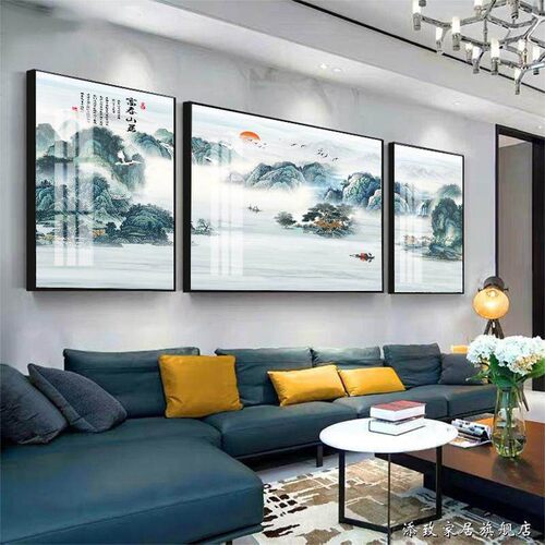 新中式客厅装饰画山水风景画现代沙发背景墙挂画高档大气三联壁画