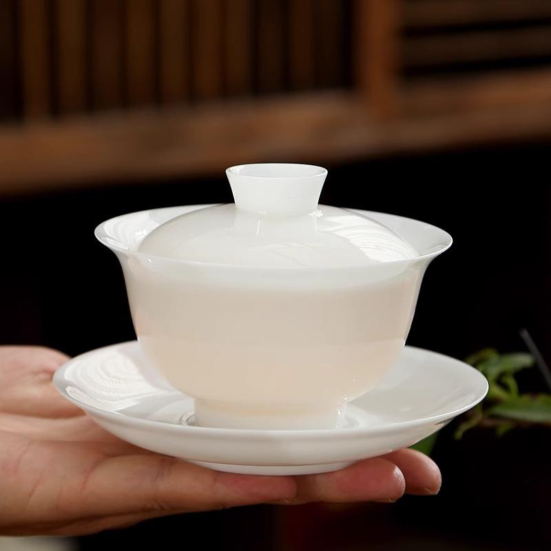 羊脂玉冰种三才盖碗茶杯白瓷单个高档茶具套装家用功夫碗带盖陶瓷