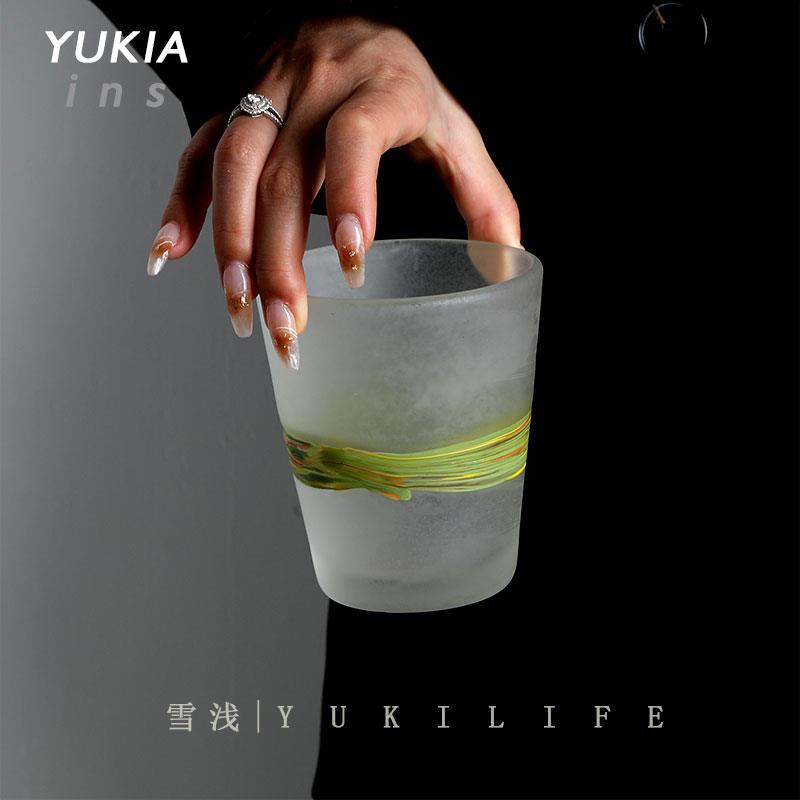 {晴川柳满堤 柳绿雪浅杯}中古磨砂玻璃水杯 酒杯vintage国潮杯子