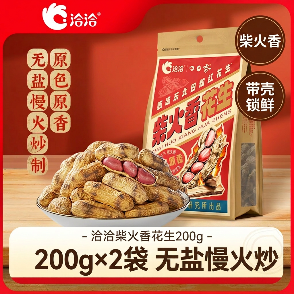 洽洽柴火香花生东北四粒红带壳原味无盐慢火炒200g*2袋香酥零食