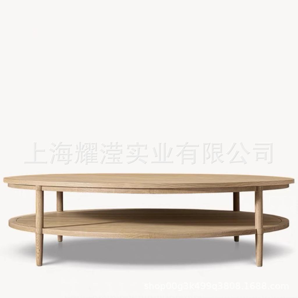 RH美式乡村实木圆茶几边几复古圆形茶台家用小户型咖啡桌客厅家具