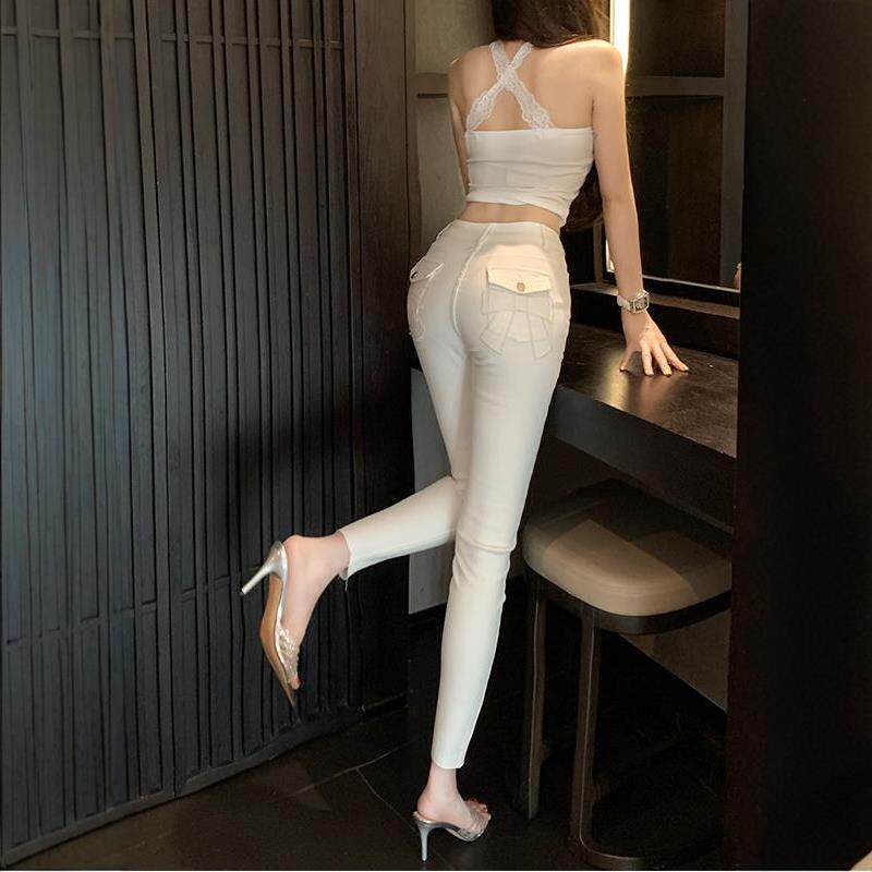 李李服饰白色恋人蝴蝶结牛仔烟管裤女26夏款高腰修身显瘦美臀裤子