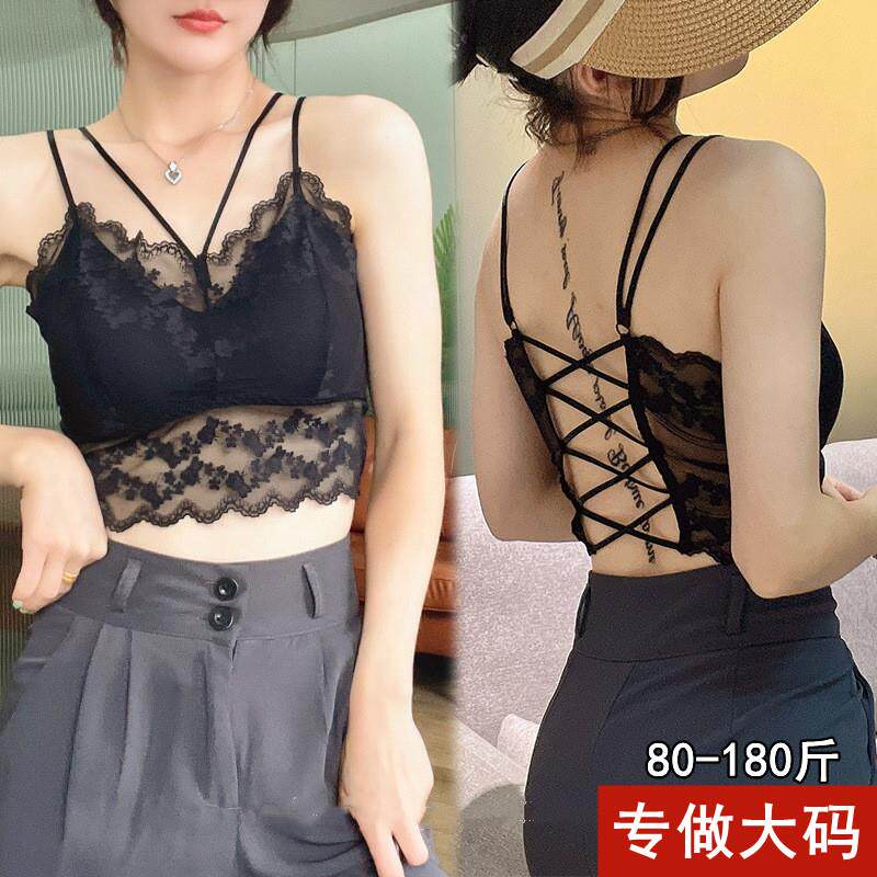 大码蕾丝美背女胖mm吊带抹胸内衣交叉带文胸短款裹胸透气可拆卸