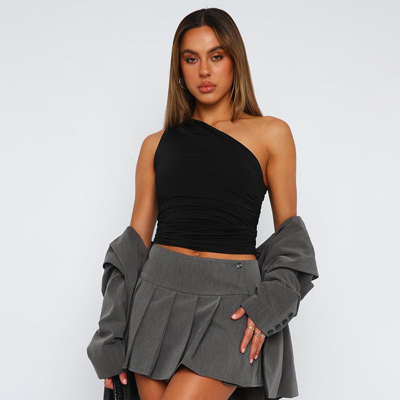 Single shoulder open back pleated vest top T-shirt for women