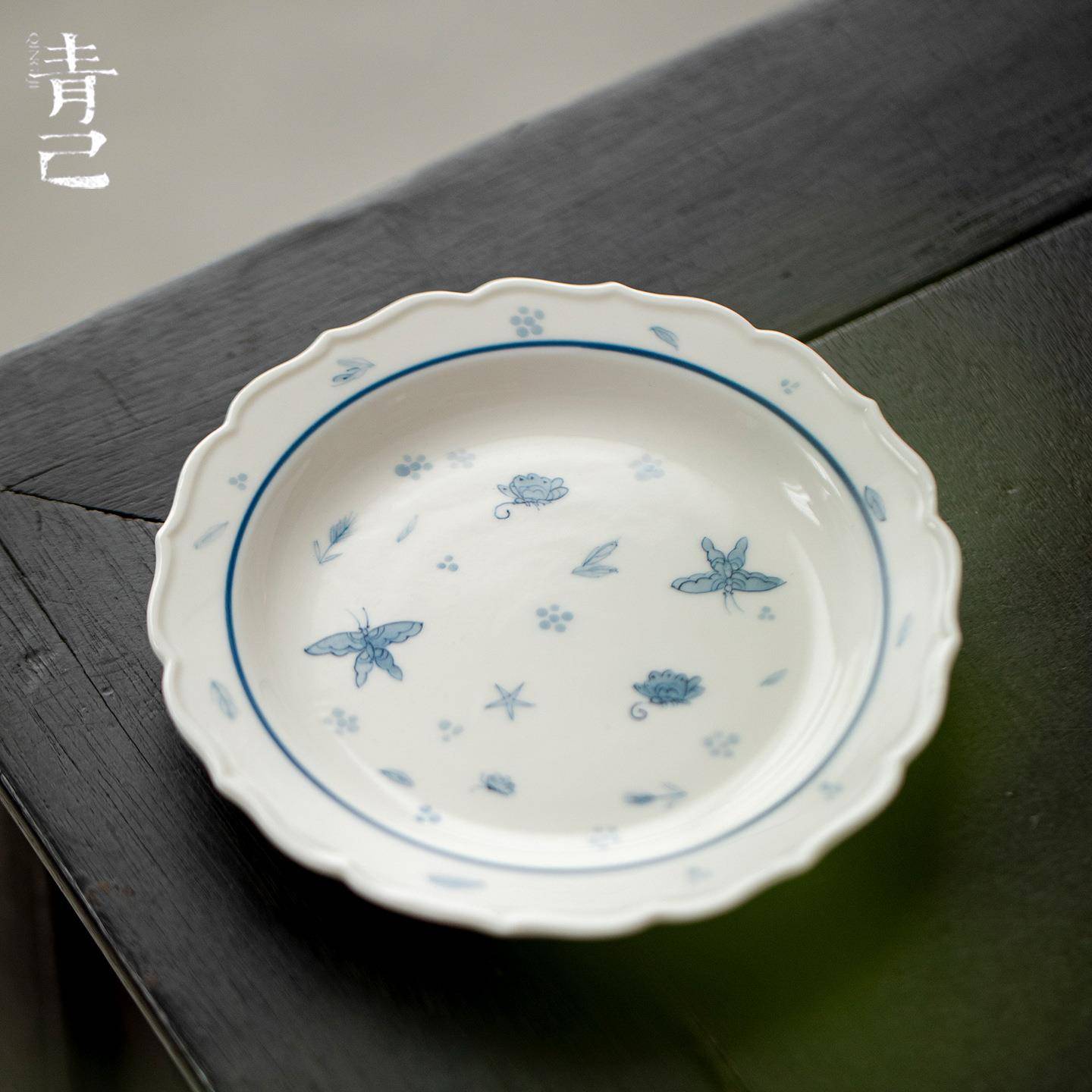 青己国风手绘玉泥白瓷青花蝴蝶家用陶瓷壶承茶道配件茶点盘干泡盘