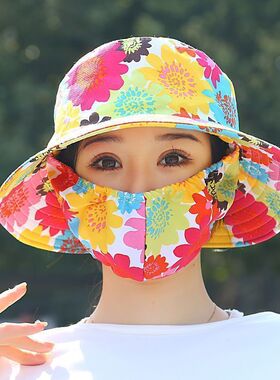 夏季新款口罩一体防晒帽遮阳大沿干活紫外线采茶太阳渔夫帽女妈妈