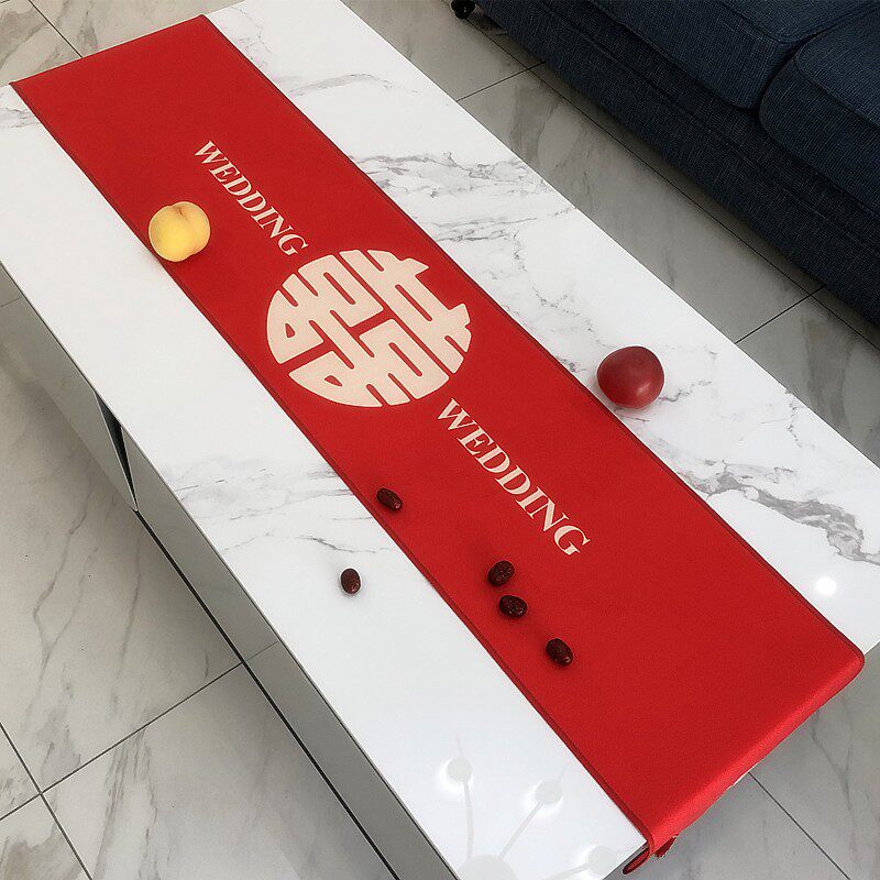 新中式桌旗婚礼防水印花结婚茶几盖布棉麻包边喜庆桌布桌旗