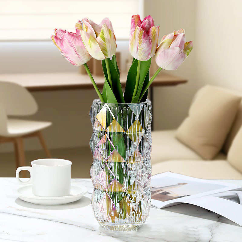 璀璨插花餐桌客厅花瓶器摆件客厅高级玻璃感圆形插花透明圆柱形花