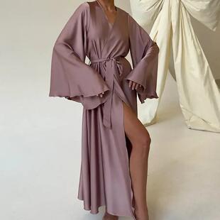 Women Spring Summer Sleeve Belted Robe Gowns Palace Comfort