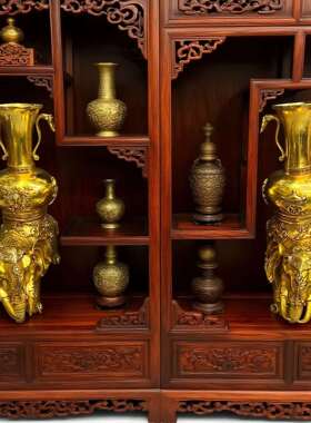 厂家 纯铜鎏金仿古做旧大象八宝花瓶 文创老物件铜工艺品摆件