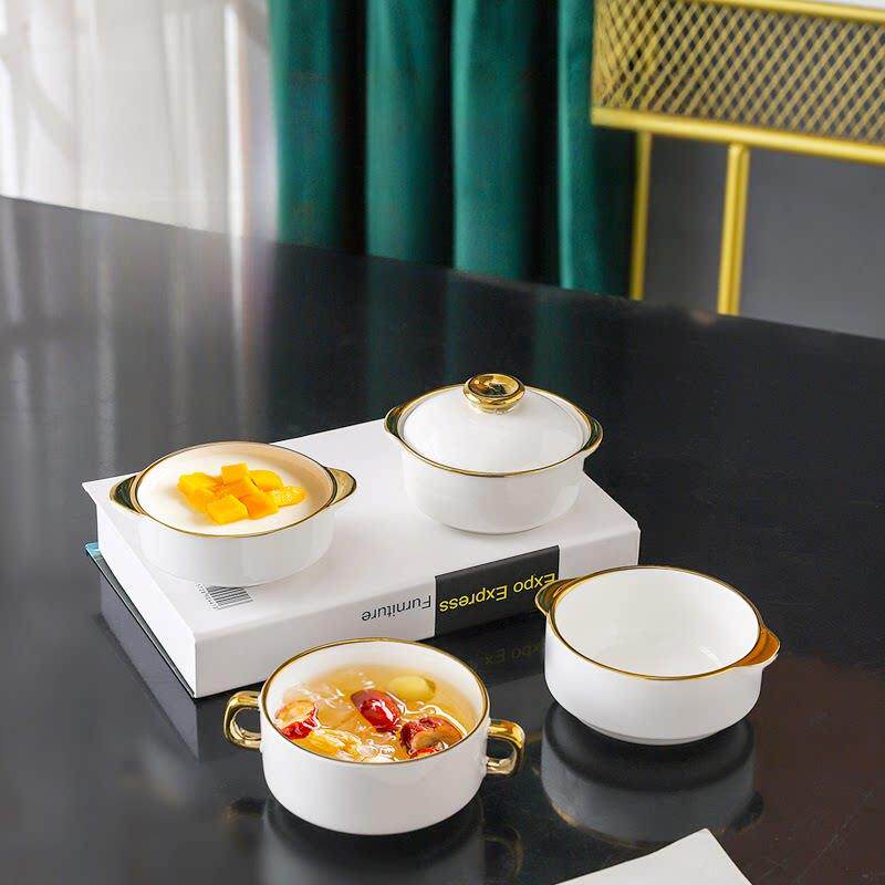 陶瓷纯白双耳汤杯汤碗汤盅餐具简约创意西式碗烘焙早餐粥碗甜品碗