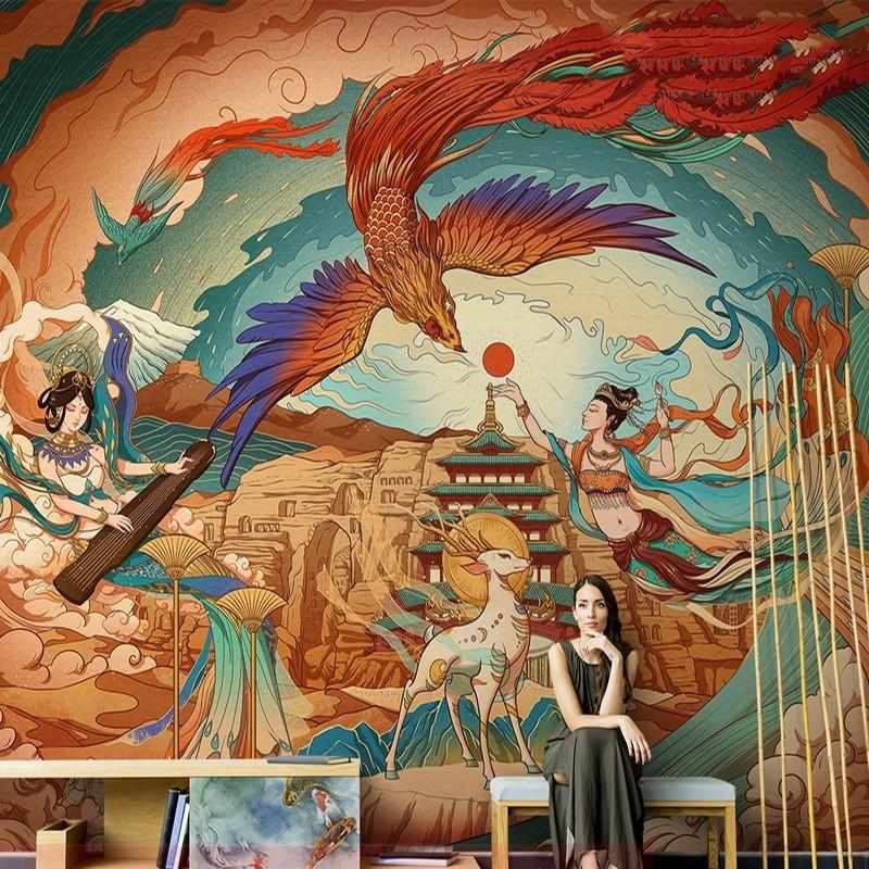手绘中式古典国潮风敦煌飞天美女墙纸剧本杀换装馆装饰背景墙壁纸