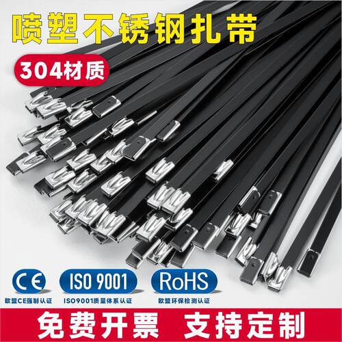 304喷塑不锈钢扎带4.6*300黑色金属扎带桥架标牌电缆束线带厂E18
