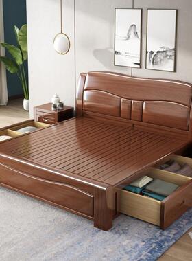 胡桃实床1.8米1.5mIIF现木木代简约卧大床储物高箱室婚床全实木