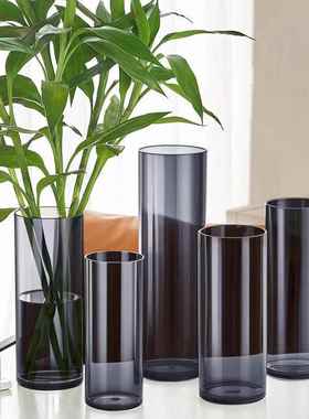 高级感黑花瓶亚克力防摔直筒插花摆件水培器皿半透明黑色灰色花瓶