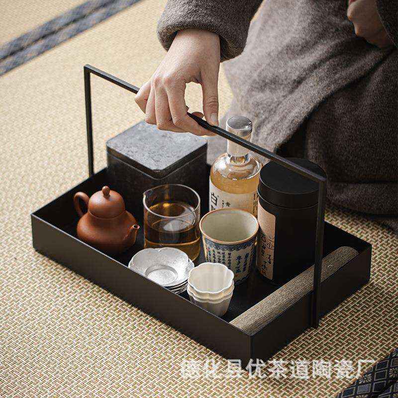 优茶道新中式铁艺提篮黑色铁茶具收纳盒茶棚茶托盘样板间装饰摆件