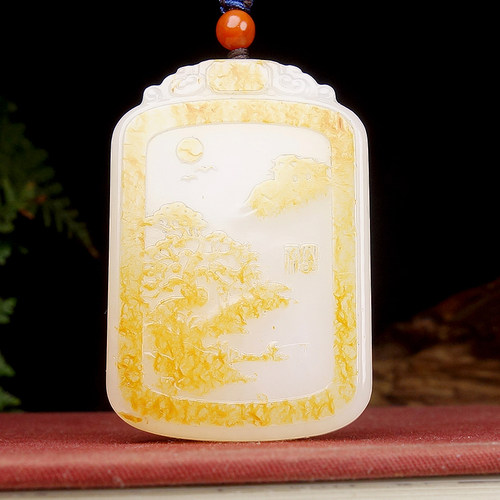 【富贵山居】新疆和田玉洒金皮俏色巧雕山水牌子挂件53.74g