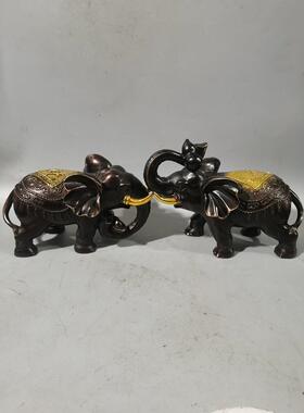 铜大象摆件紫铜鎏金财福大象一对吸水象大象福财客厅装饰品
