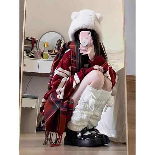 秋冬毛球针织袜套女保暖堆堆袜小腿袜jk韩版雪地靴长筒袜麻花腿套