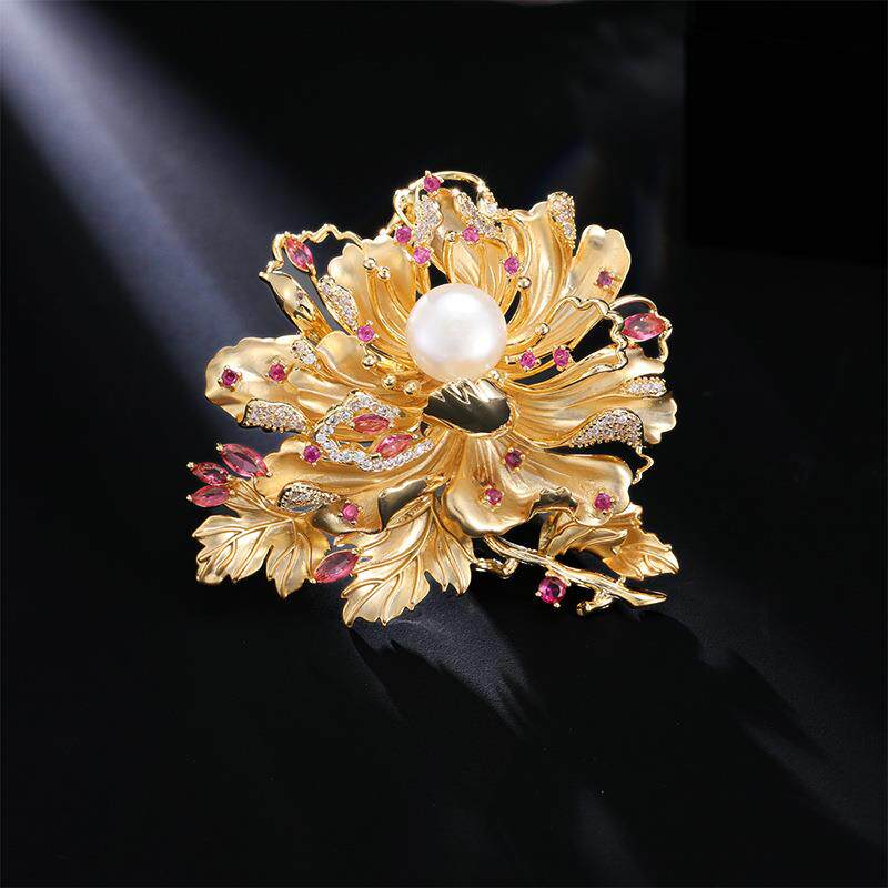 富贵优雅牡丹花胸针淡水珍珠轻奢高级感时尚宴会礼服花朵胸花配饰