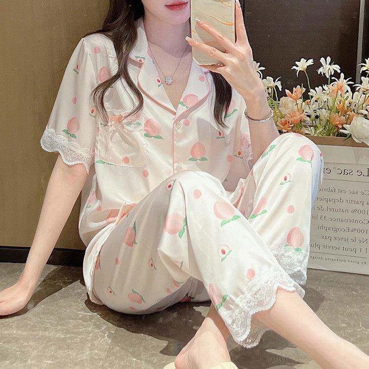 真丝可外穿睡衣女2026夏季薄蕾丝水蜜桃短袖长裤三件套家居服套装