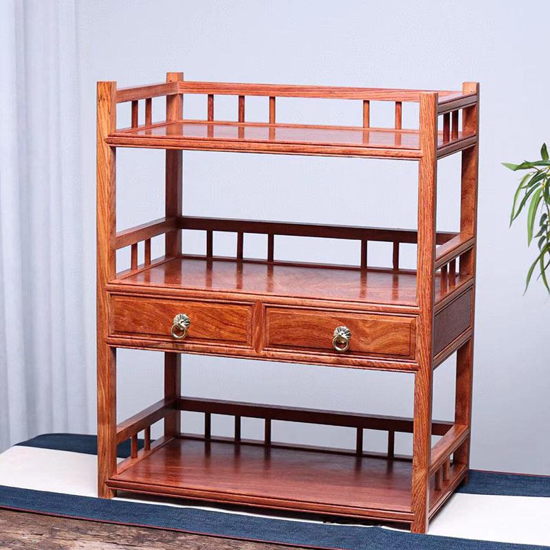 缅甸花梨全独板茶水架三层围栏实木置物架茶具工艺品摆件收纳柜