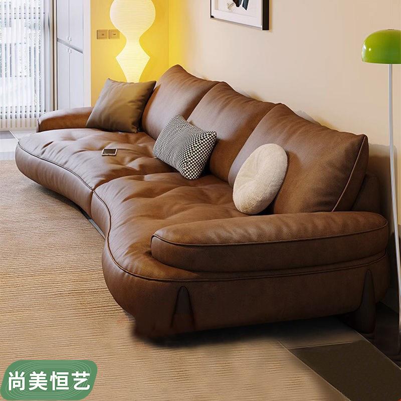 头层真皮沙发大小户型客厅整装组合设计师复古风弧形真皮实木沙发