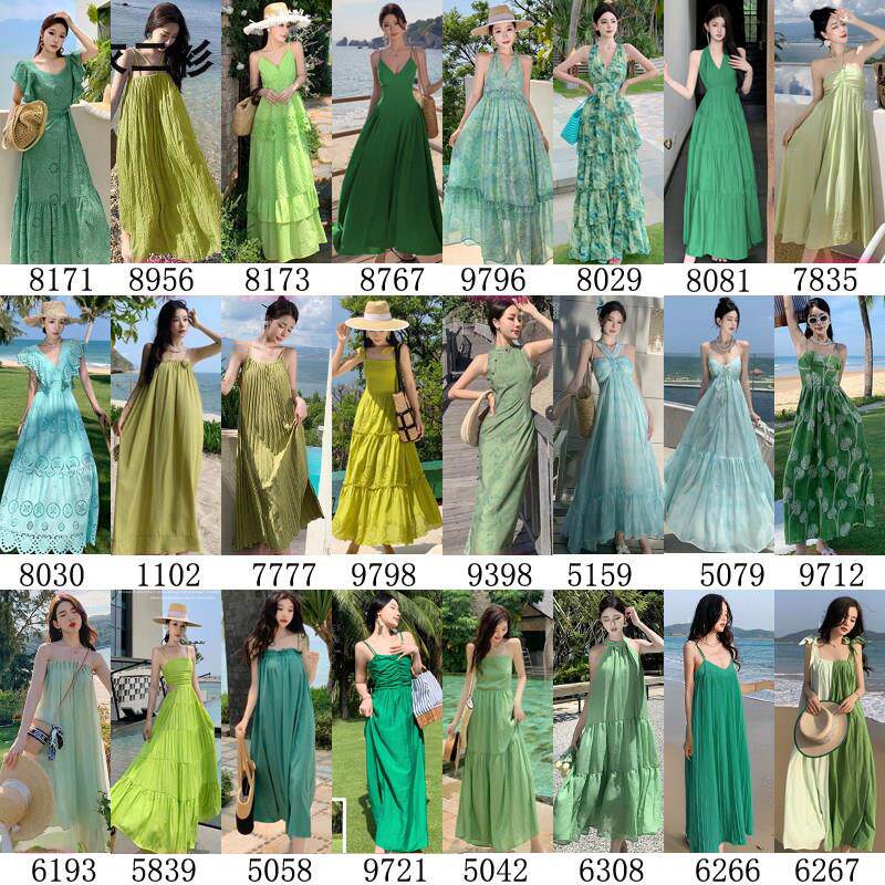 法式气质牛油果绿色度假风吊带长裙女夏三亚旅行穿搭连衣裙小礼服