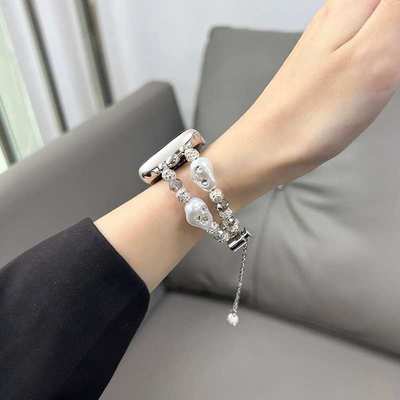 适用苹果手表iWatch9表带小香风彩钻珍珠applewatch8伸缩链条透气