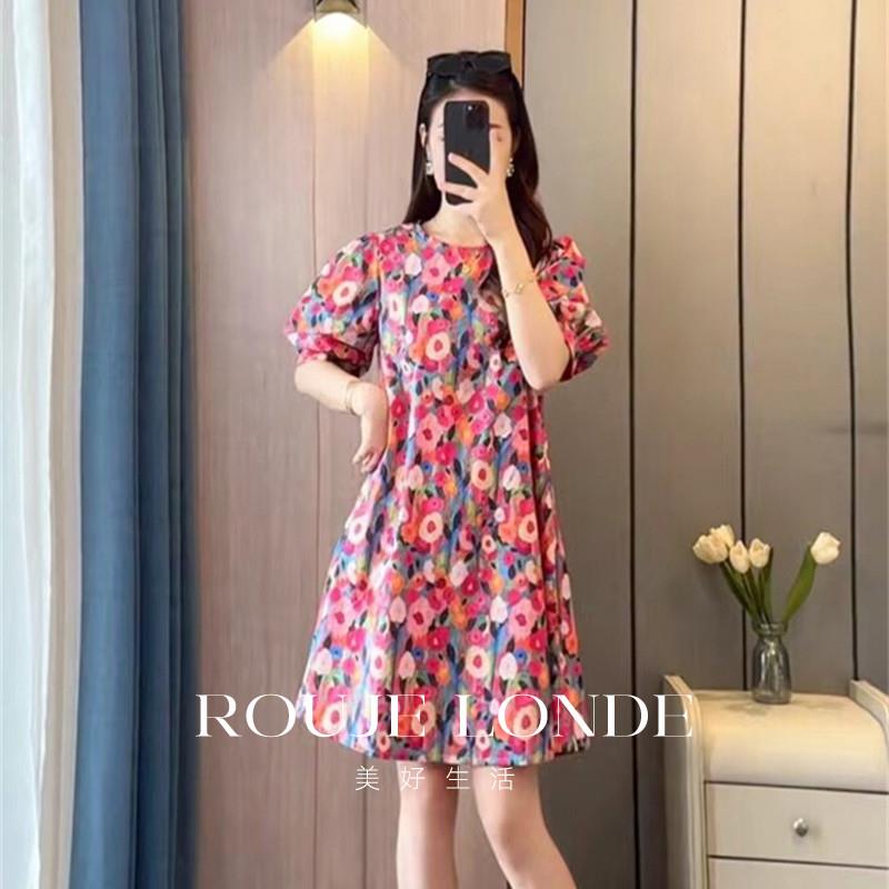 ROUJE LONDE胖mm大码简约田园风宽松显瘦油画印花灯笼袖连衣裙夏