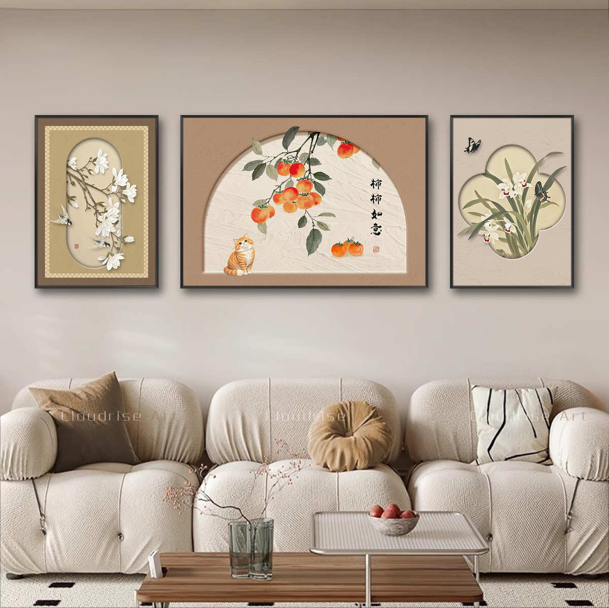 金玉满堂装饰画客厅中古风高级感沙发背景墙挂画晶瓷复古三联壁画图片