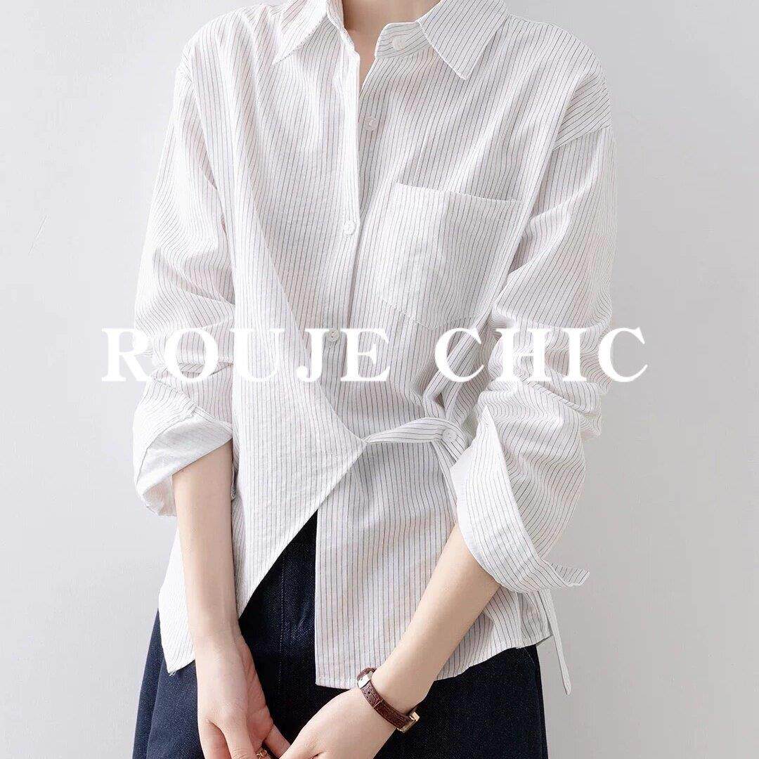 法国rouje chic法式简约高级感条纹衬衫女春季设计感侧边系带衬衣