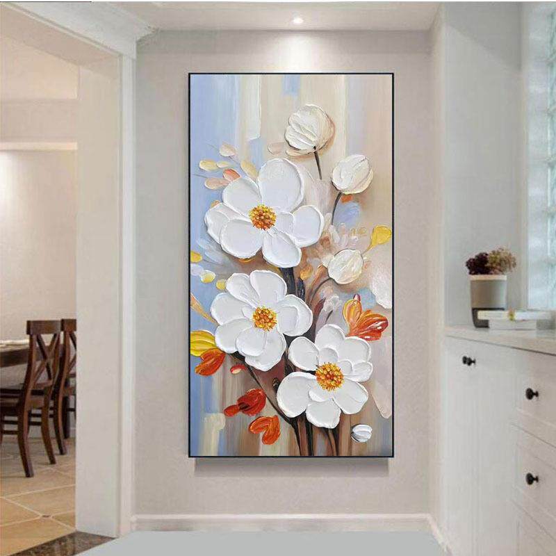 纯手绘油画奶油风花卉肌理玄关装饰画现代走廊过道正对门立体挂画