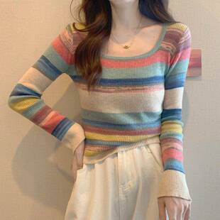 方形领彩虹条纹女士衬衫2025早秋长袖内层配早秋时尚西式针织上衣