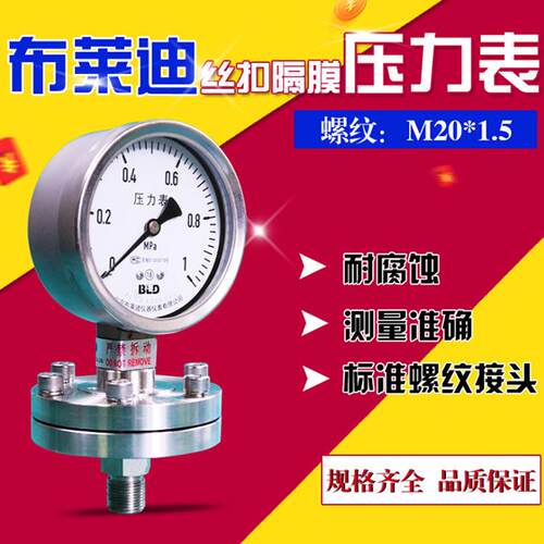 北京布莱迪不锈钢丝扣隔膜压力表YTNP-63H全钢耐震隔膜压力表1.6