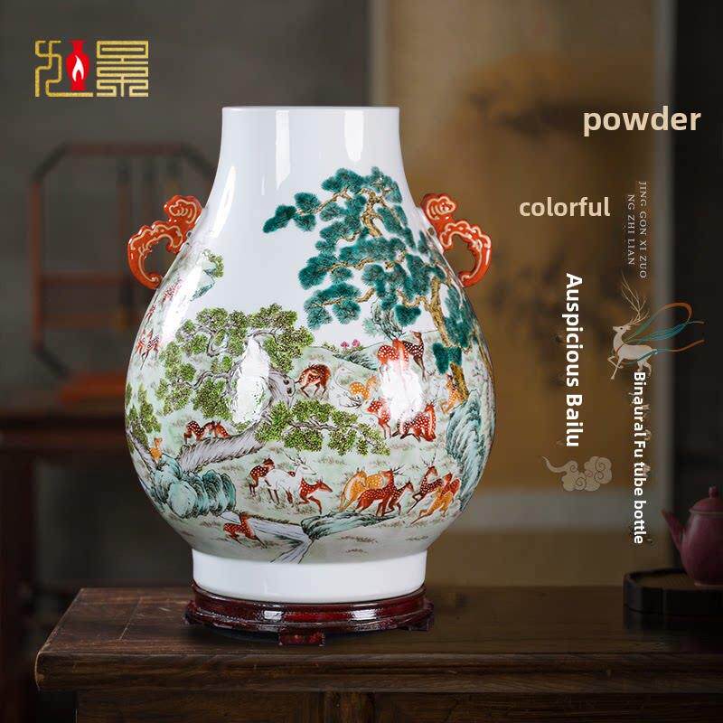 景德镇陶瓷瓶彷古双耳白鹭尊福管瓶手绘中式客厅入口装饰摆件