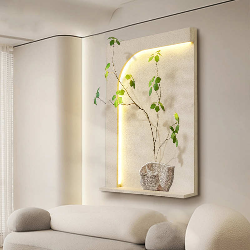 现代极简客厅装饰画绿植沙发背景墙壁画立体砂岩led灯玄关挂画