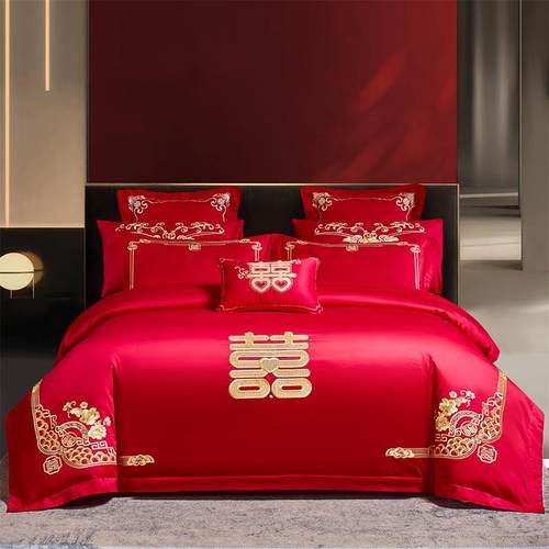 轻奢大红长绒棉婚礼四件套纯棉床单被套绣花全棉床上用品南通家纺