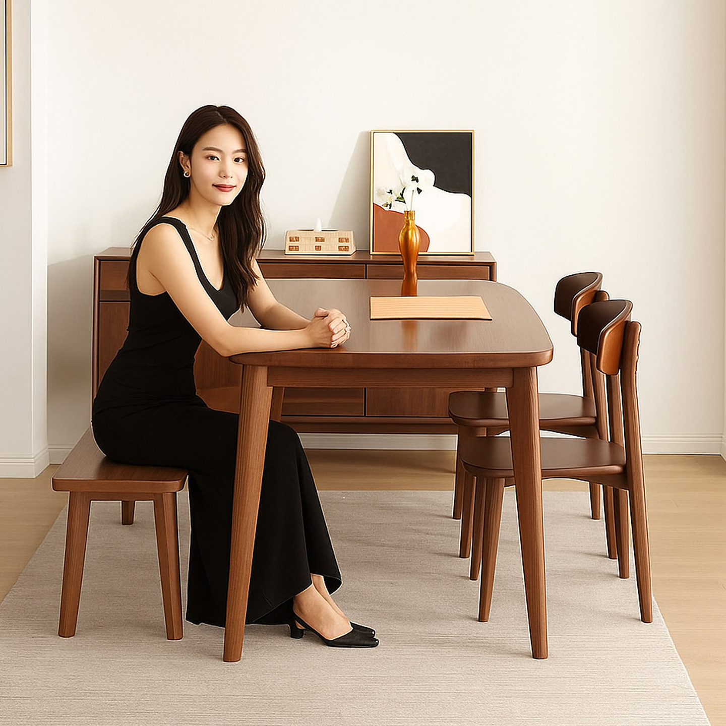 全实木餐桌家用小户型简易出租屋饭桌胡桃木色餐桌椅2025新款家用