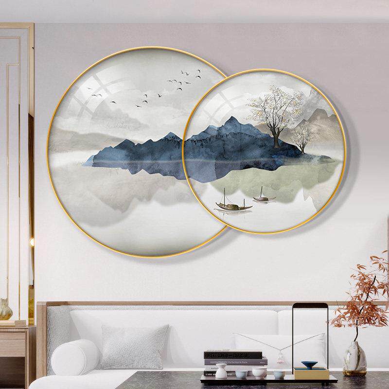 新中式圆形客厅装饰画入户玄关山水画沙发背景墙挂画茶室叠加壁画