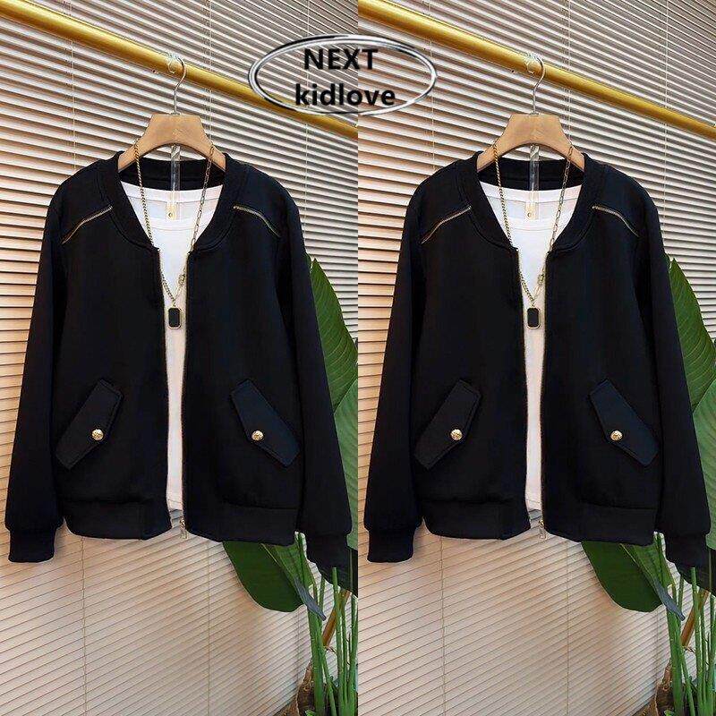 香港胖mm春新遮肉黑色夹克外套女百搭时尚棒球服洋气开衫上衣大码