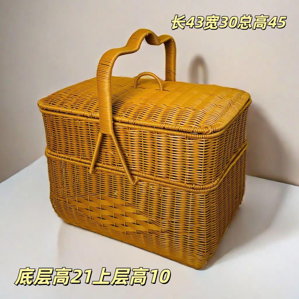新款带盖子拜拜篮传统结婚圆形手提篮购物菜篮家用拜神野餐篮收纳