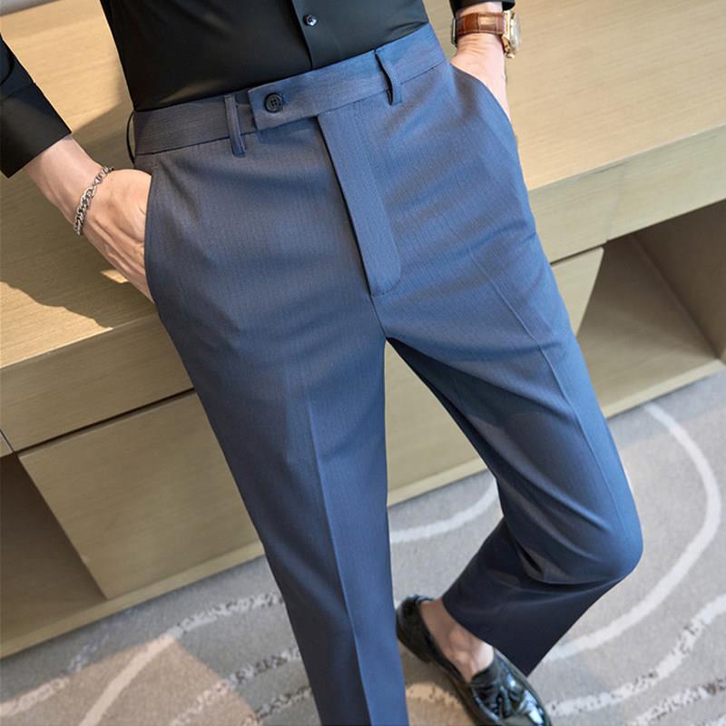 西装长裤男2025新款春夏季修身小脚弹力西裤商务休闲条纹九分男裤